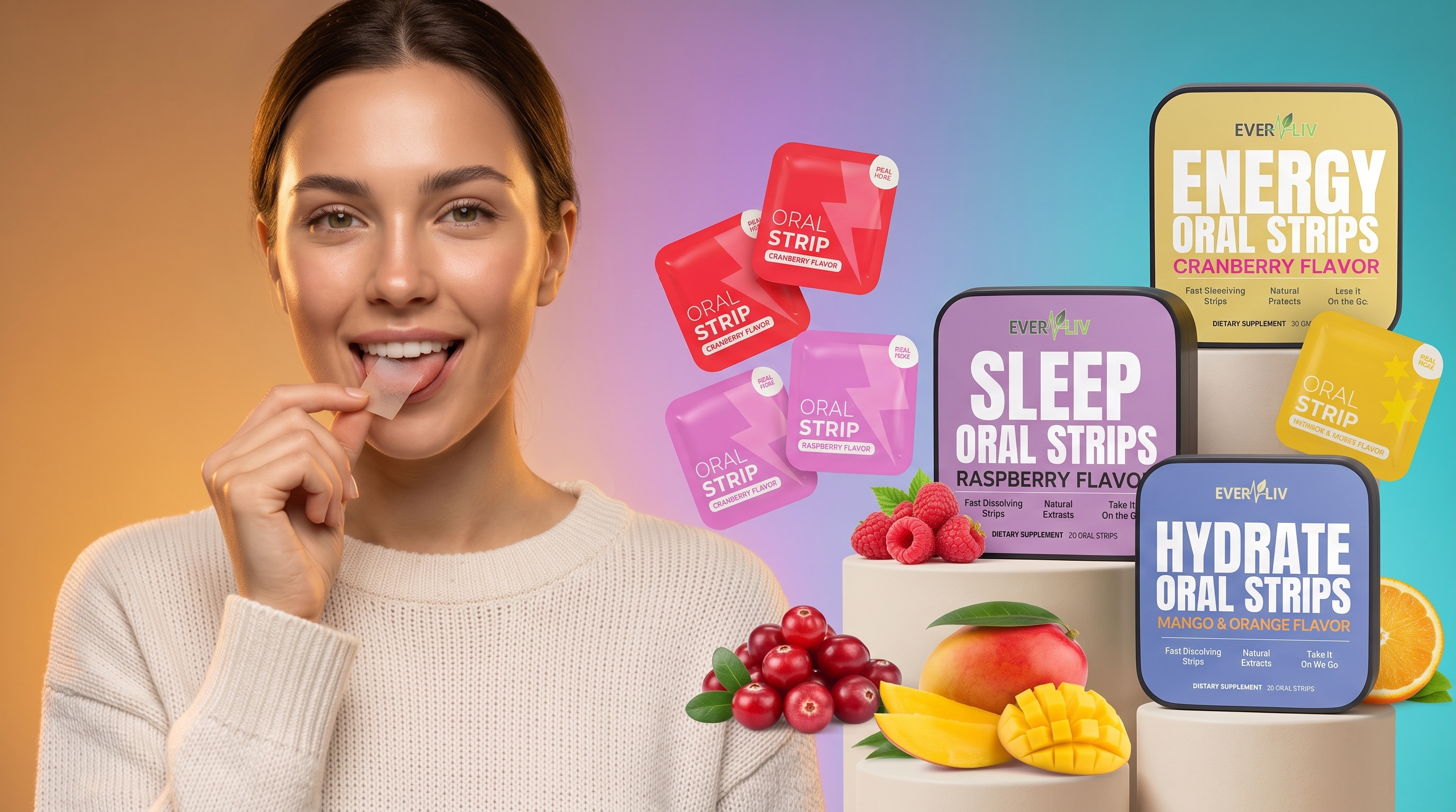 Woman enjoying an EverLiv oral strip with Energy, Sleep, and Hydrate strip packages